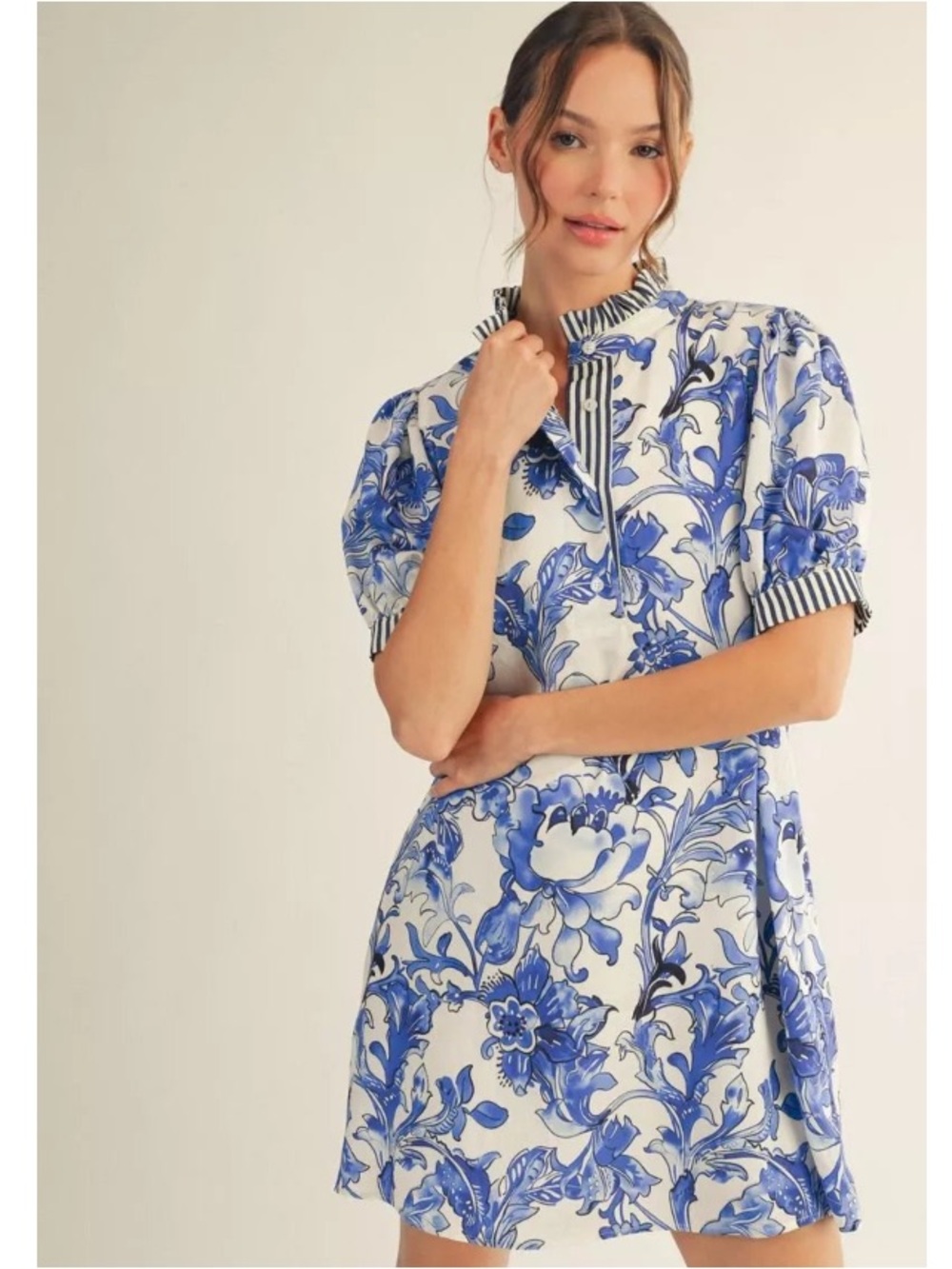 NWOT JODIFL Blue Floral with Stripes Contrast Mini Dress